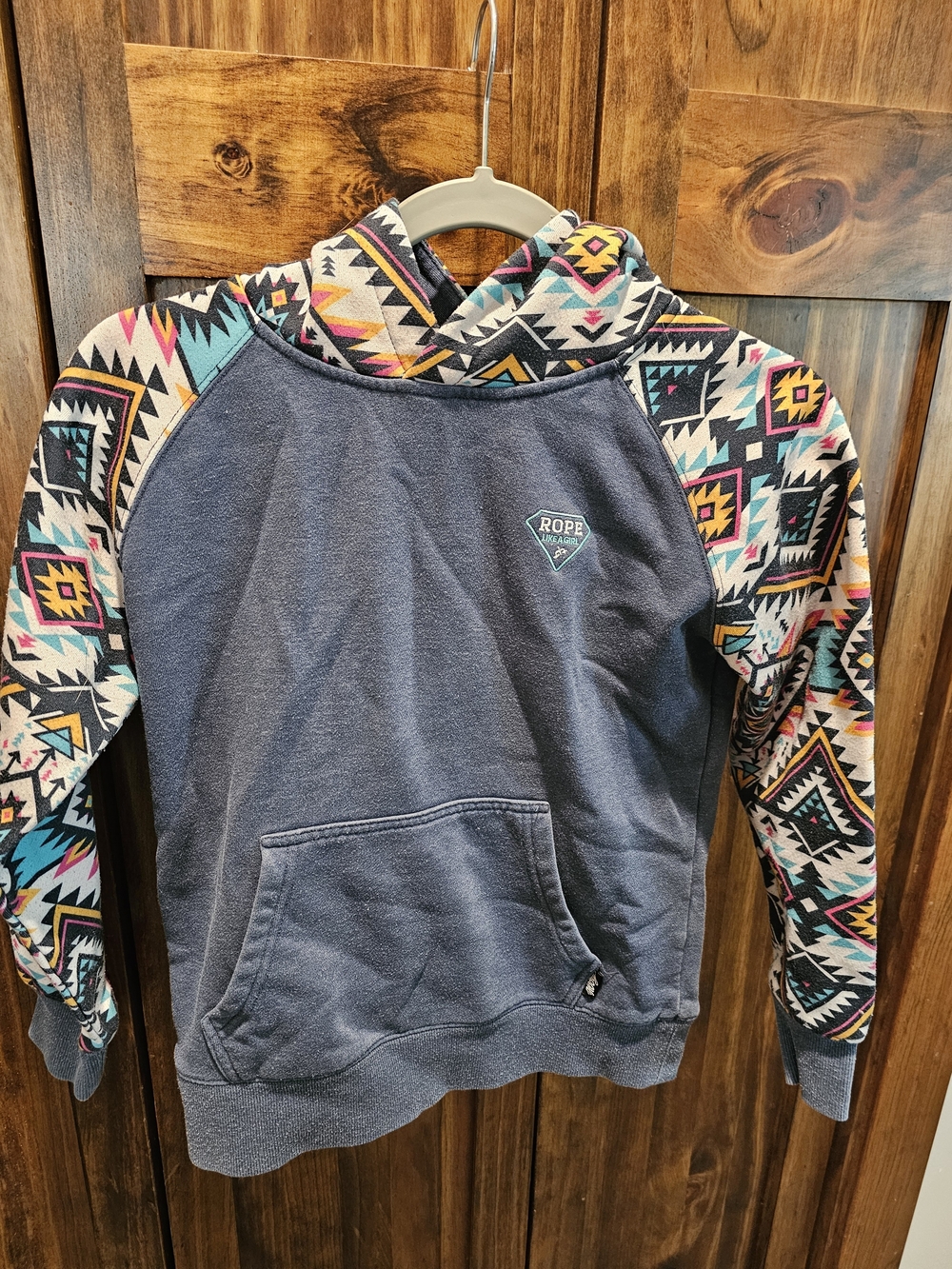 Hooey Navy Pullover Hoodie with Multicolor Aztec Sleeves